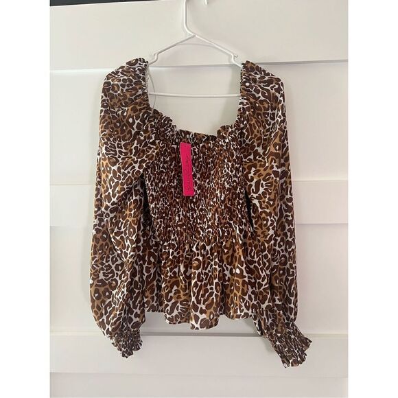 New Lilly Pulitzer Demi Long Sleeve Smocked topChocolate My Favorite Spot size L - Picture 4 of 9